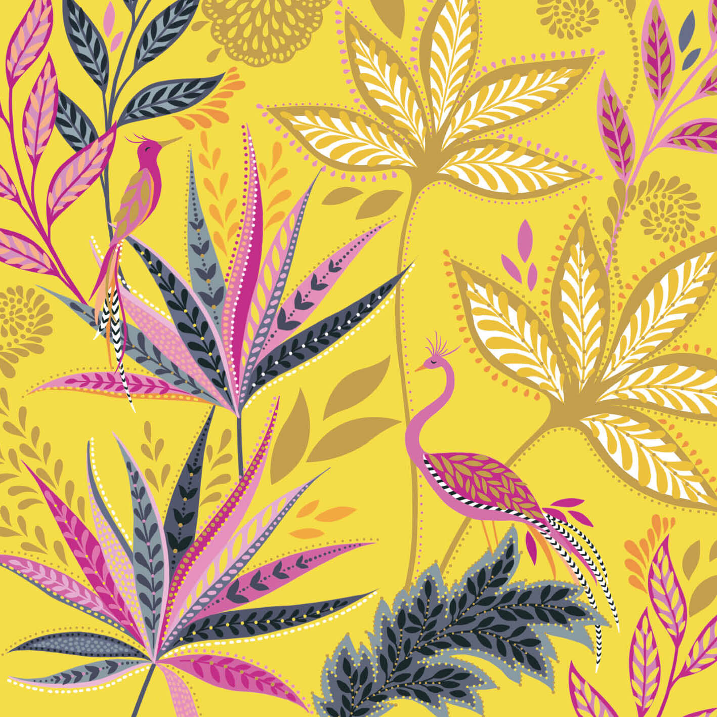 Sara Miller - Flamant rose et fleurs, sur fond jaune