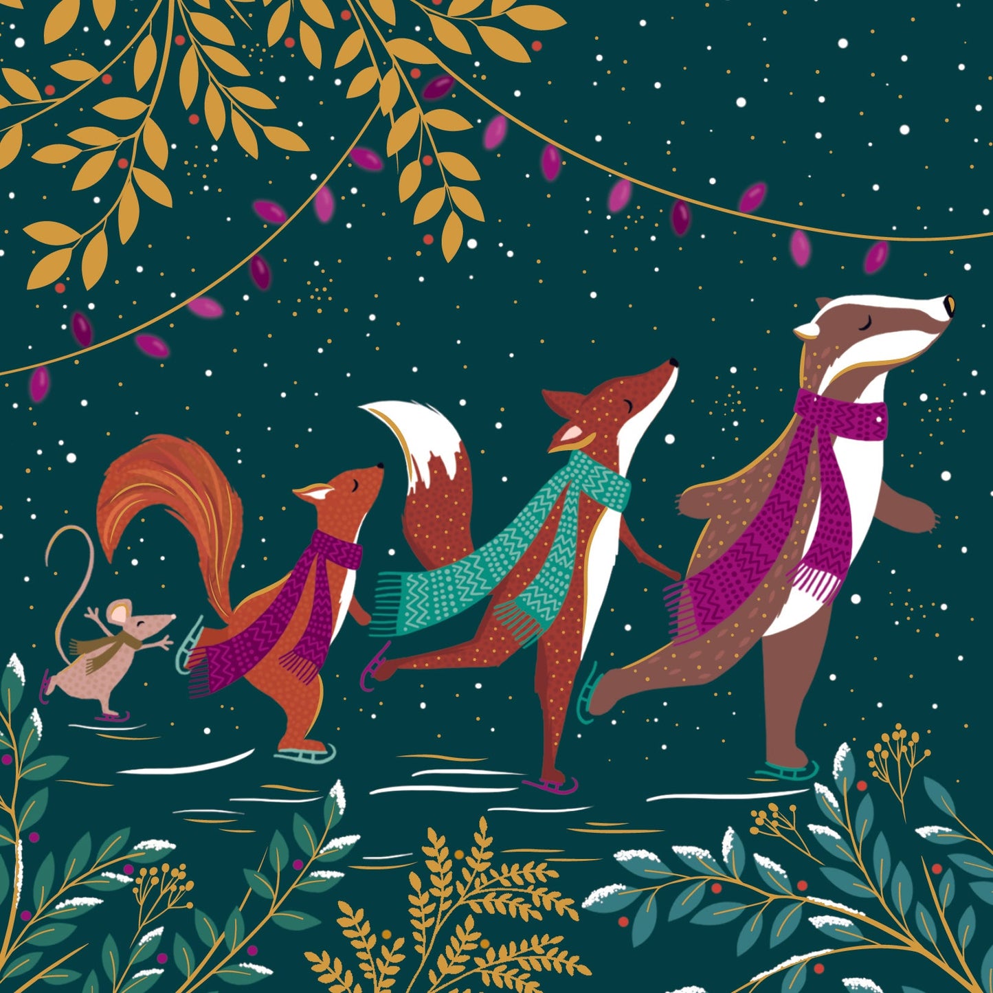 Sara Miller - animaux des bois patinent sur fond vert foncé