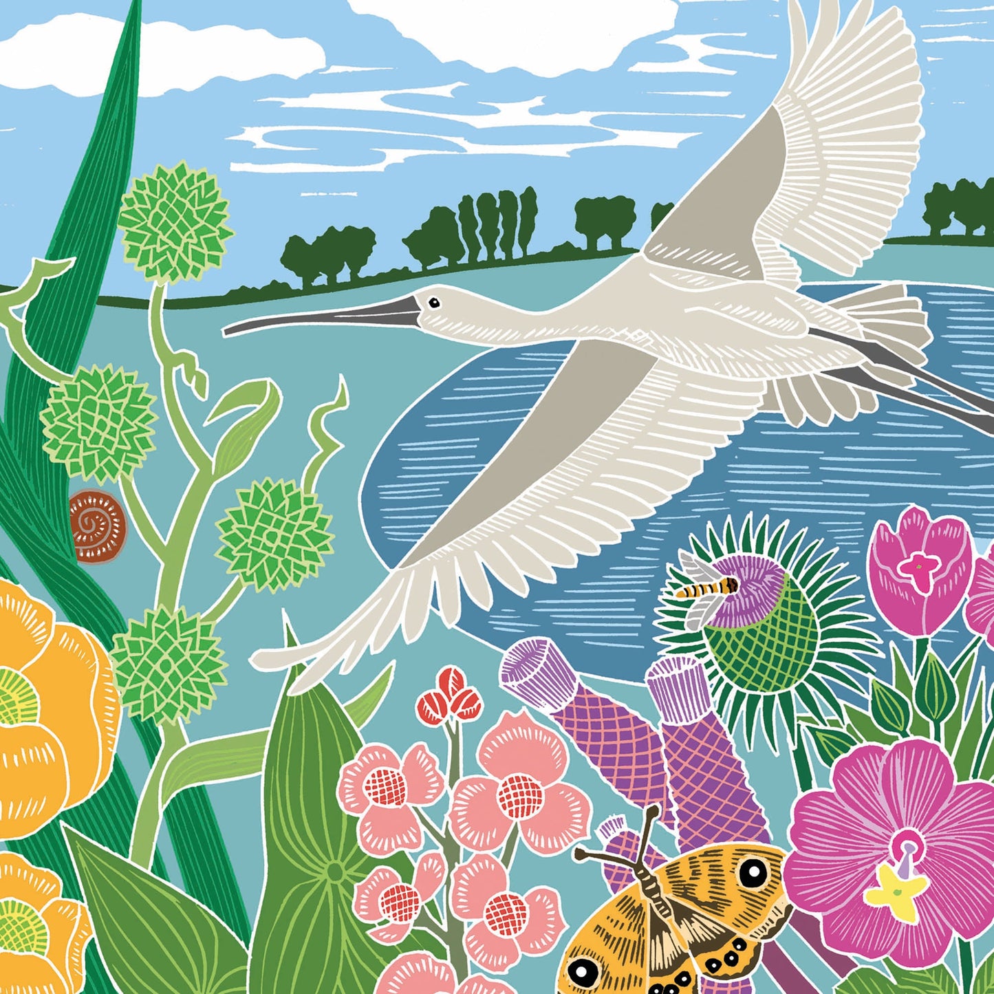 Nature Trail - Spoonbill and flowers in front of the lake