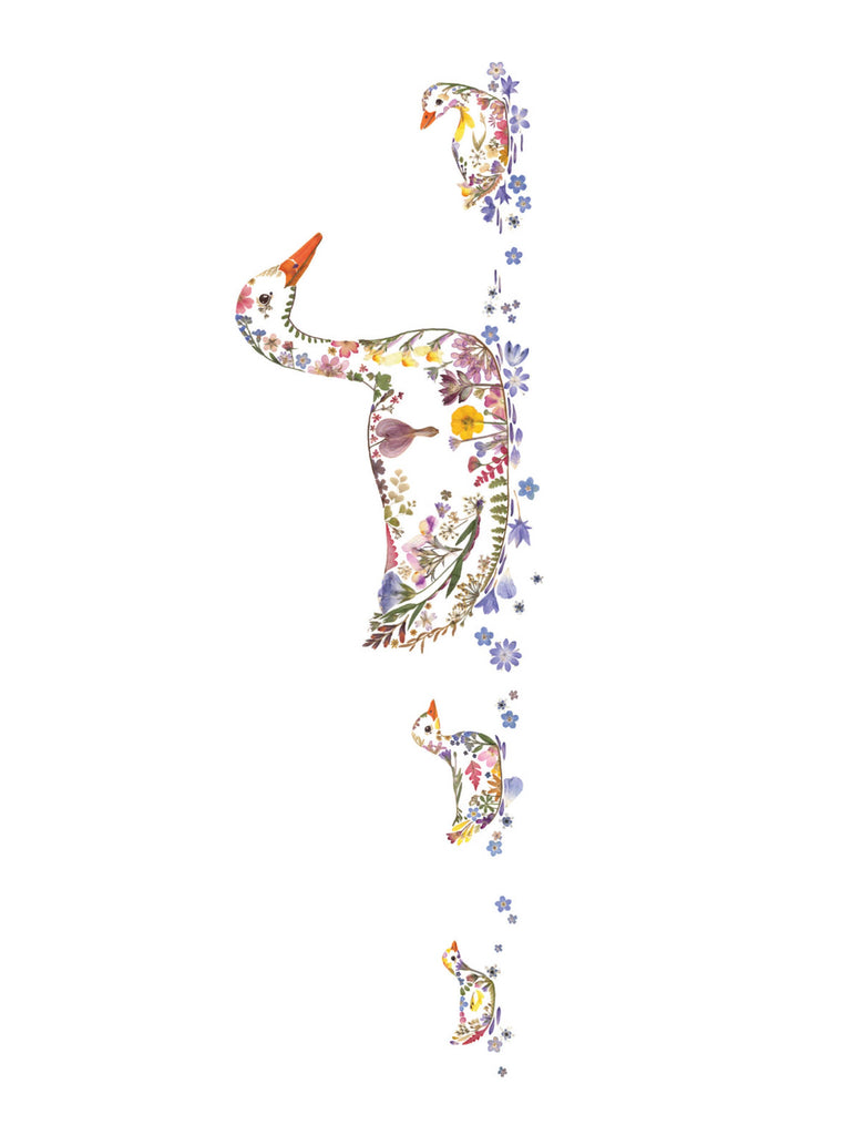 Canard et ses petits - dessin en fleurs pressées