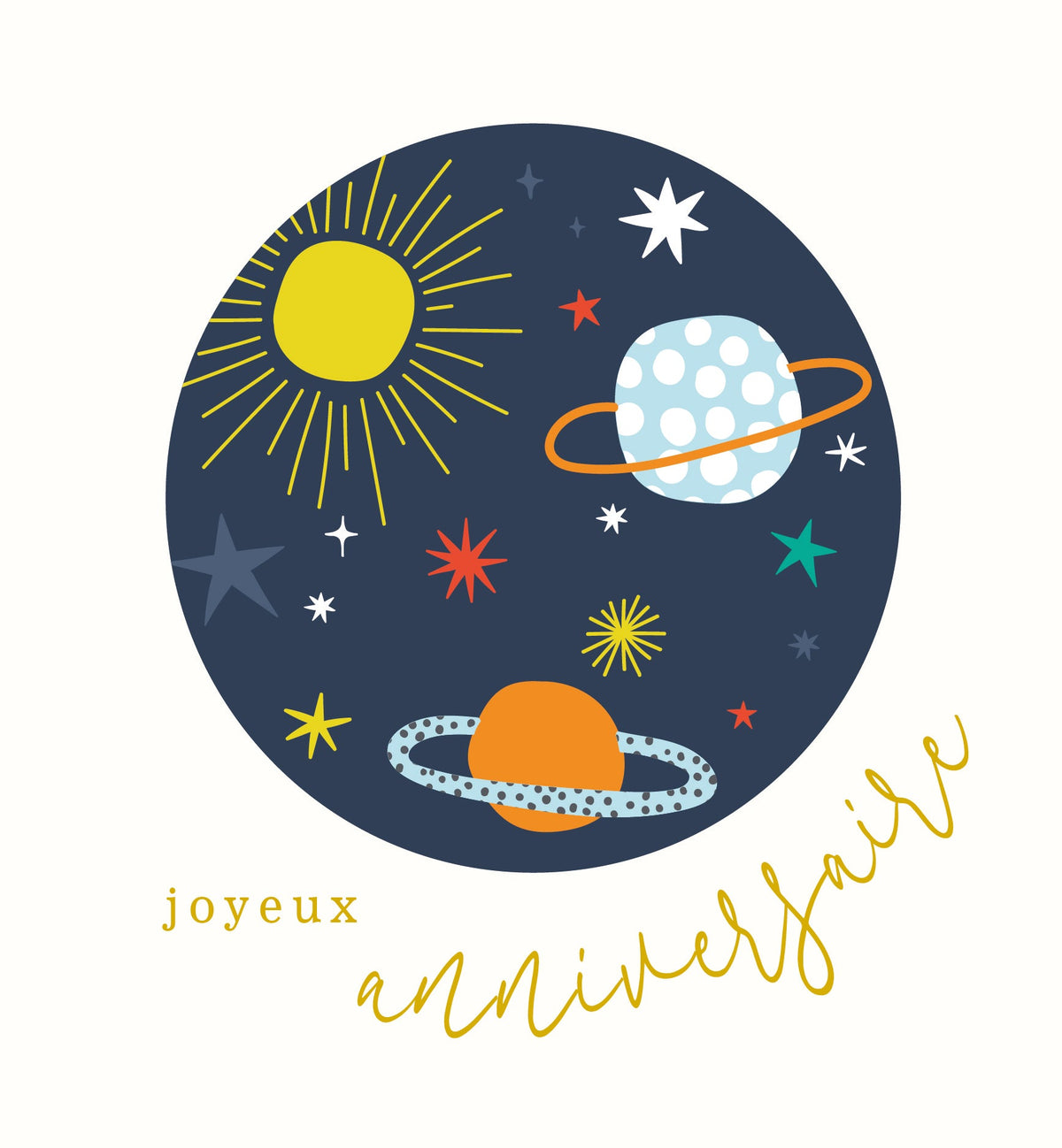 Let's Celebrate - planets in a dark circle, on a light background