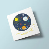 Let's Celebrate - planets in a dark circle, on a light background