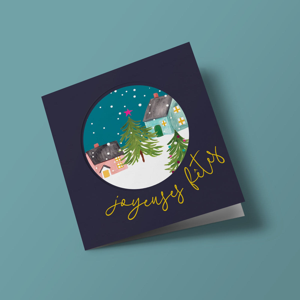 Let's Celebrate - houses and Christmas trees in a circle, on dark background