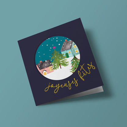 Let's Celebrate - houses and Christmas trees in a circle, on dark background