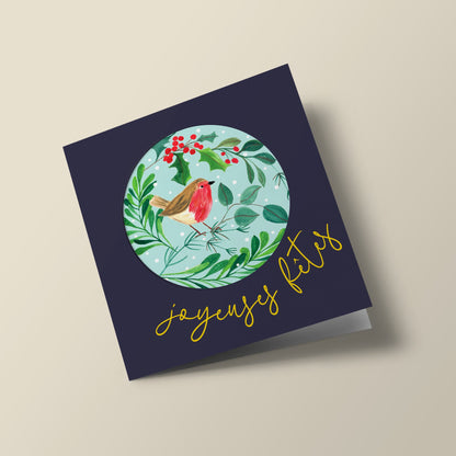 Let's Celebrate - robin in a mint green circle, on a dark background