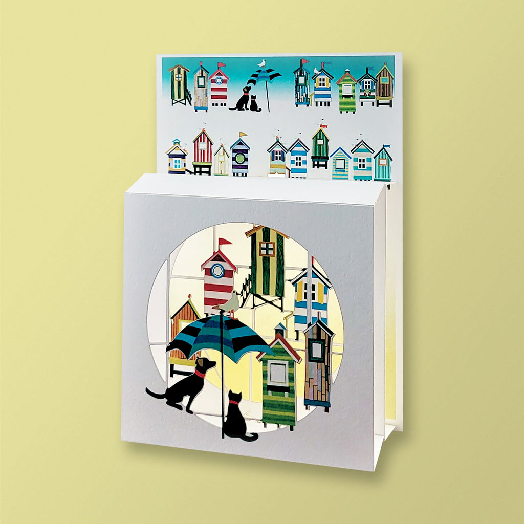 Carte box - Chien et chat avec des cabanes de la plage