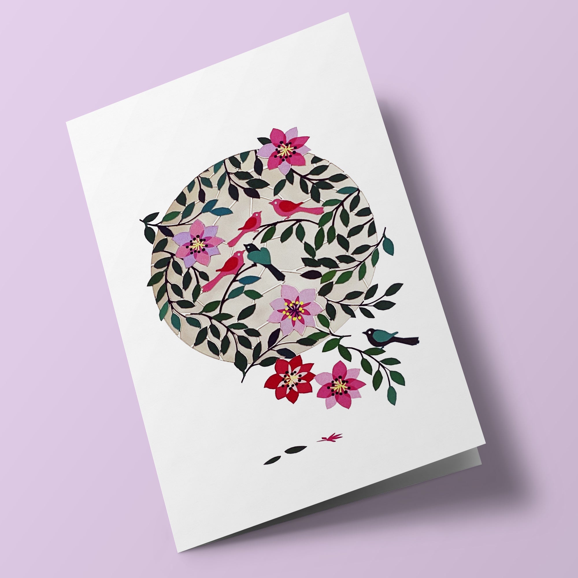 Carte découpée - Fleurs, feuilles et oiseaux