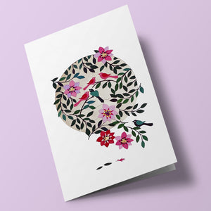 Carte découpée - Fleurs, feuilles et oiseaux