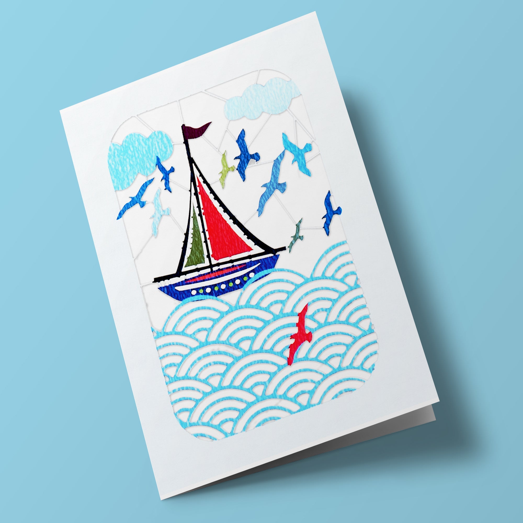 Carte découpée - Bateau et oiseaux