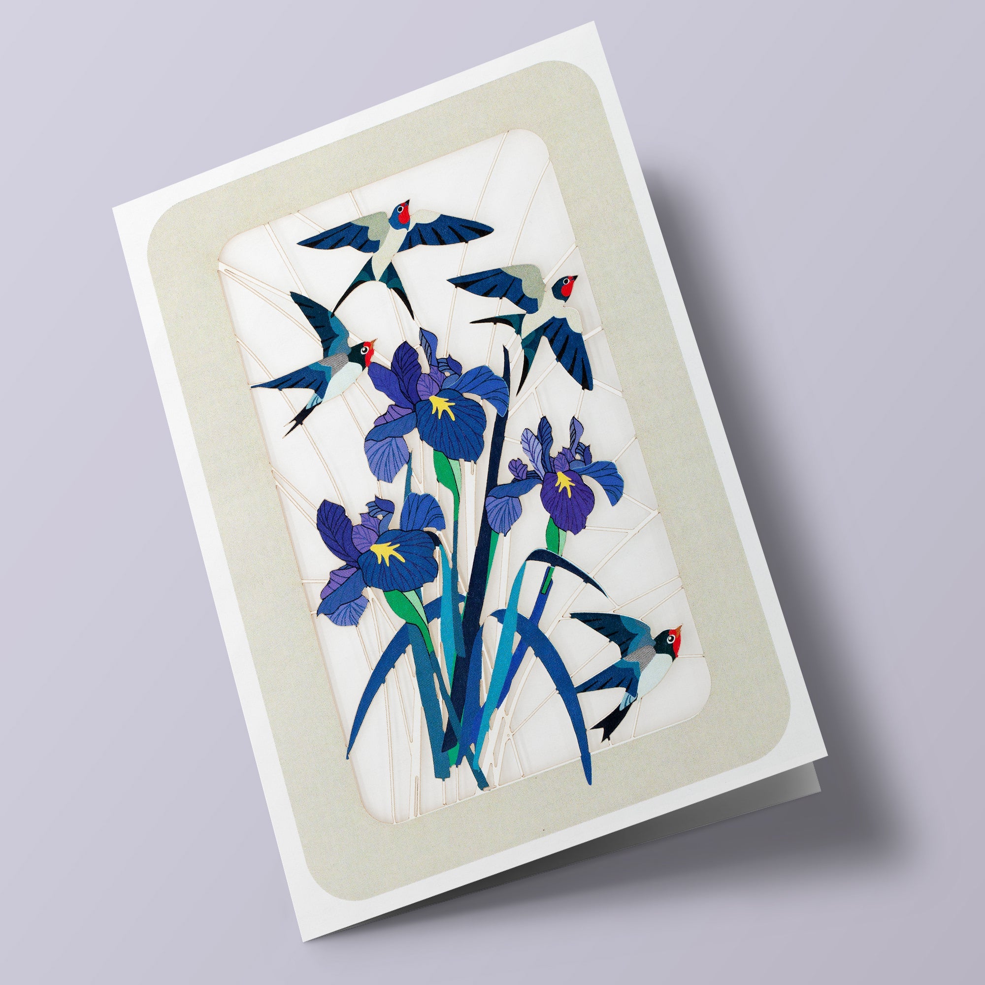 Carte découpée - Oiseaux (hirondelles) et iris