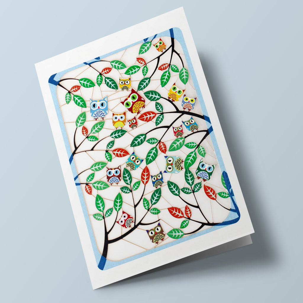 Carte découpée - Chouettes et feuilles