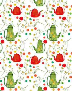 Carte à planter - Théières vertes et rouges avec marguerites jaunes et pois