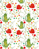 Carte à planter - Théières vertes et rouges avec marguerites jaunes et pois