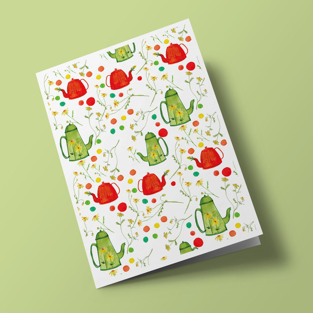 Carte à planter - Théières vertes et rouges avec marguerites jaunes et pois