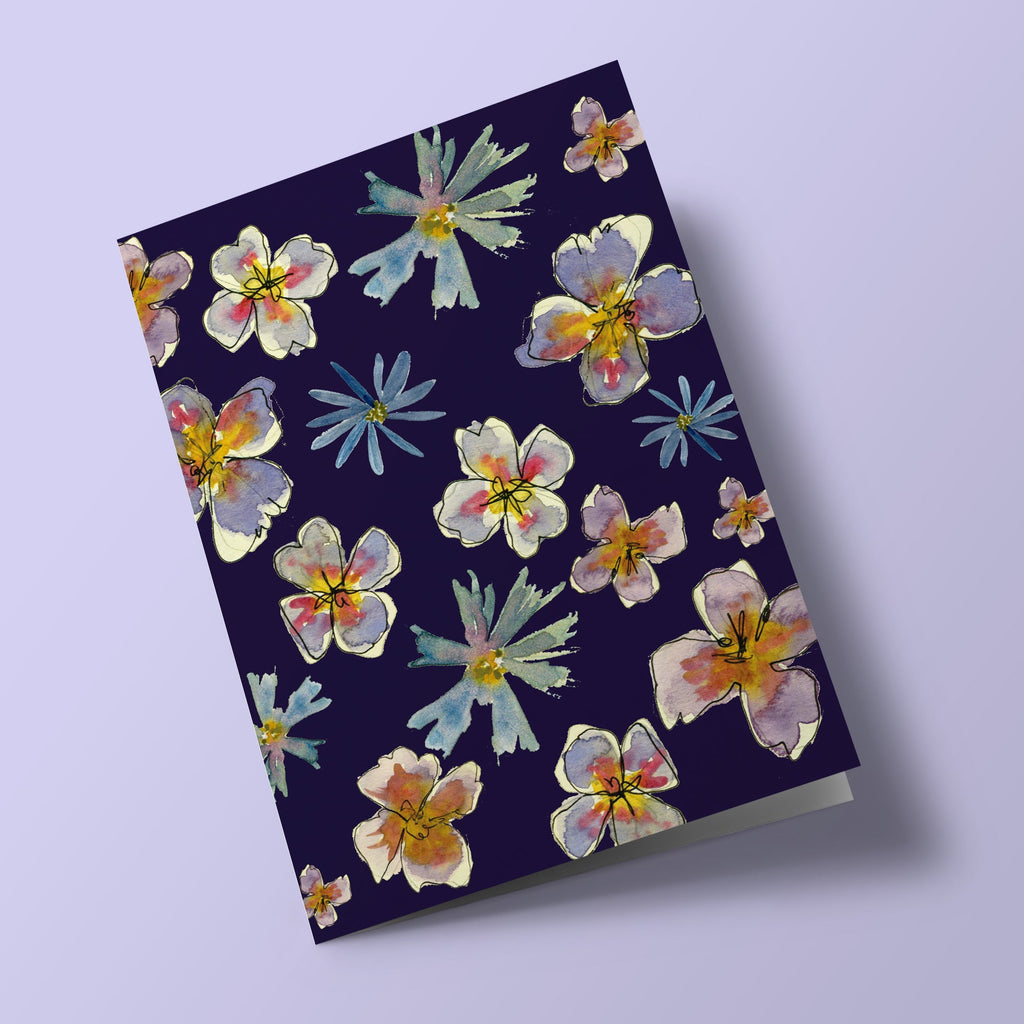 Carte à planter - Fleurs bleues et mauve sur fond bleu foncé