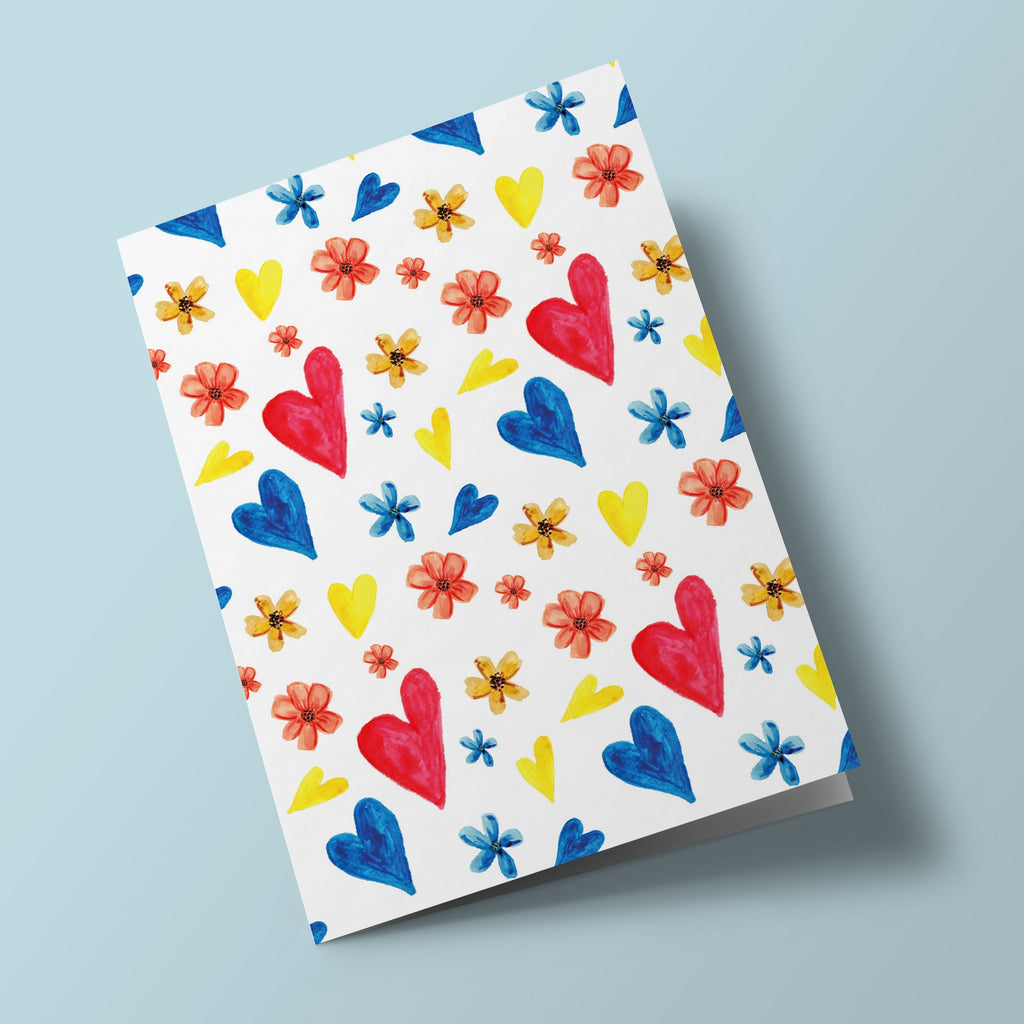 Carte à planter - Fleurs et coeurs rouges et bleus