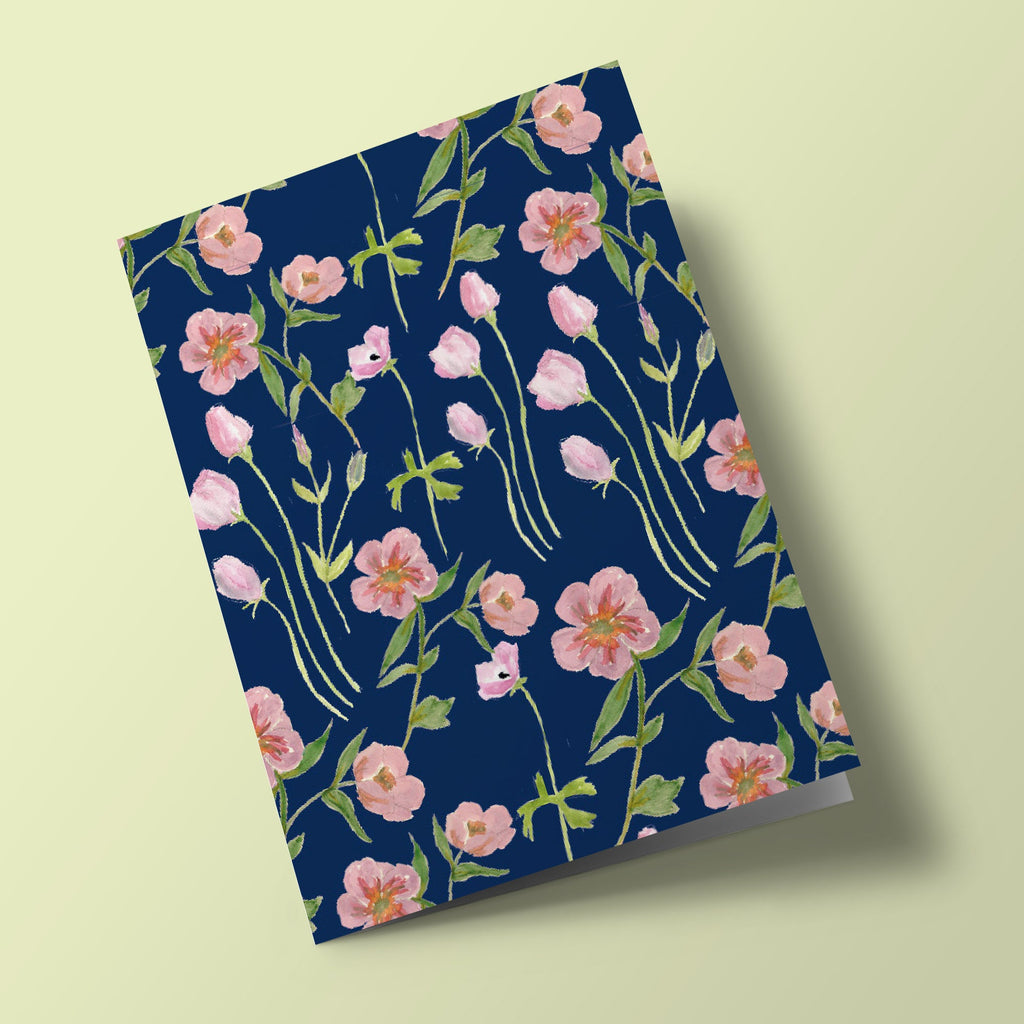 Fleurs rose avec tiges sur fond bleu foncé - carte à planter