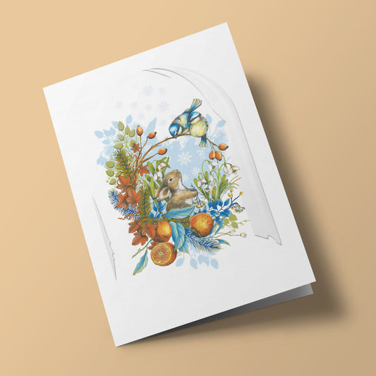 Jardin secret - mésanges et lapin sous une cloche de de verre