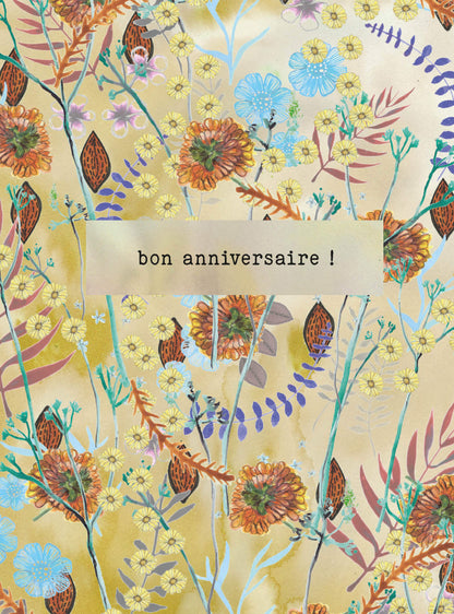 Say it with flowers - Bon anniversaire - yellow, brown and turquoise blue flowers