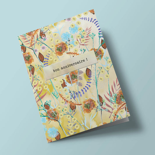 Say it with flowers - Bon anniversaire - yellow, brown and turquoise blue flowers