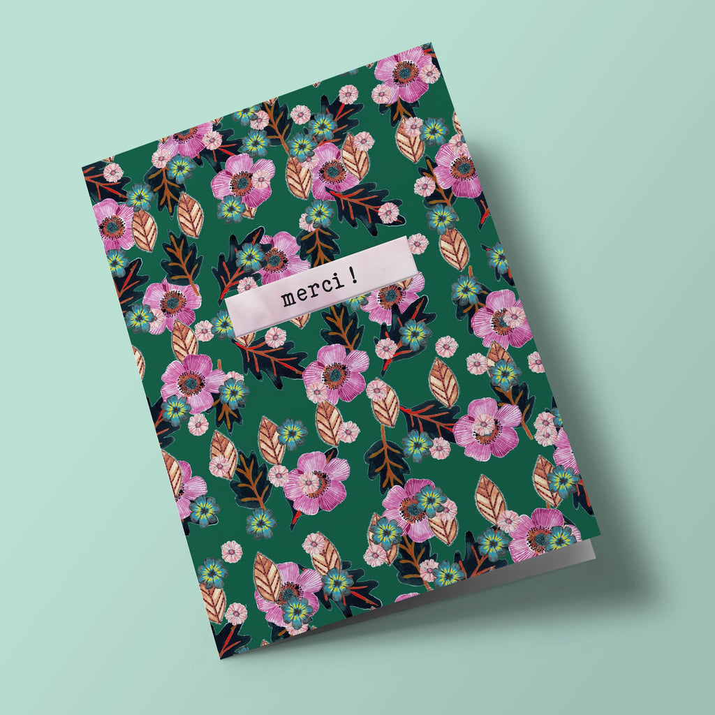Say it with flowers - Merci ! - pink flowers on fir green background