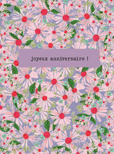 Say it with flowers - Joyeux anniversaire - pink and green daisies on purple background