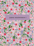 Say it with flowers - Joyeux anniversaire - pink and green daisies on purple background