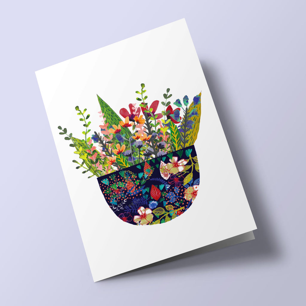 Bouquet de Mary - pot bleu nuit et fleurs vives