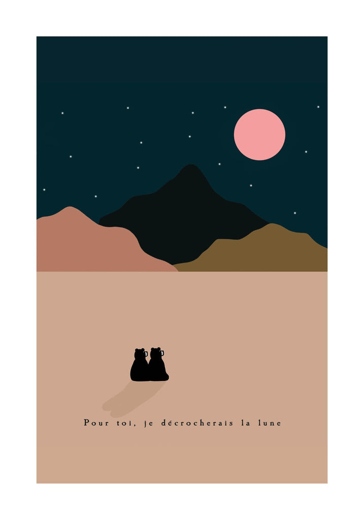 Bear - deux ours devant les montagnes à la pleine lune
