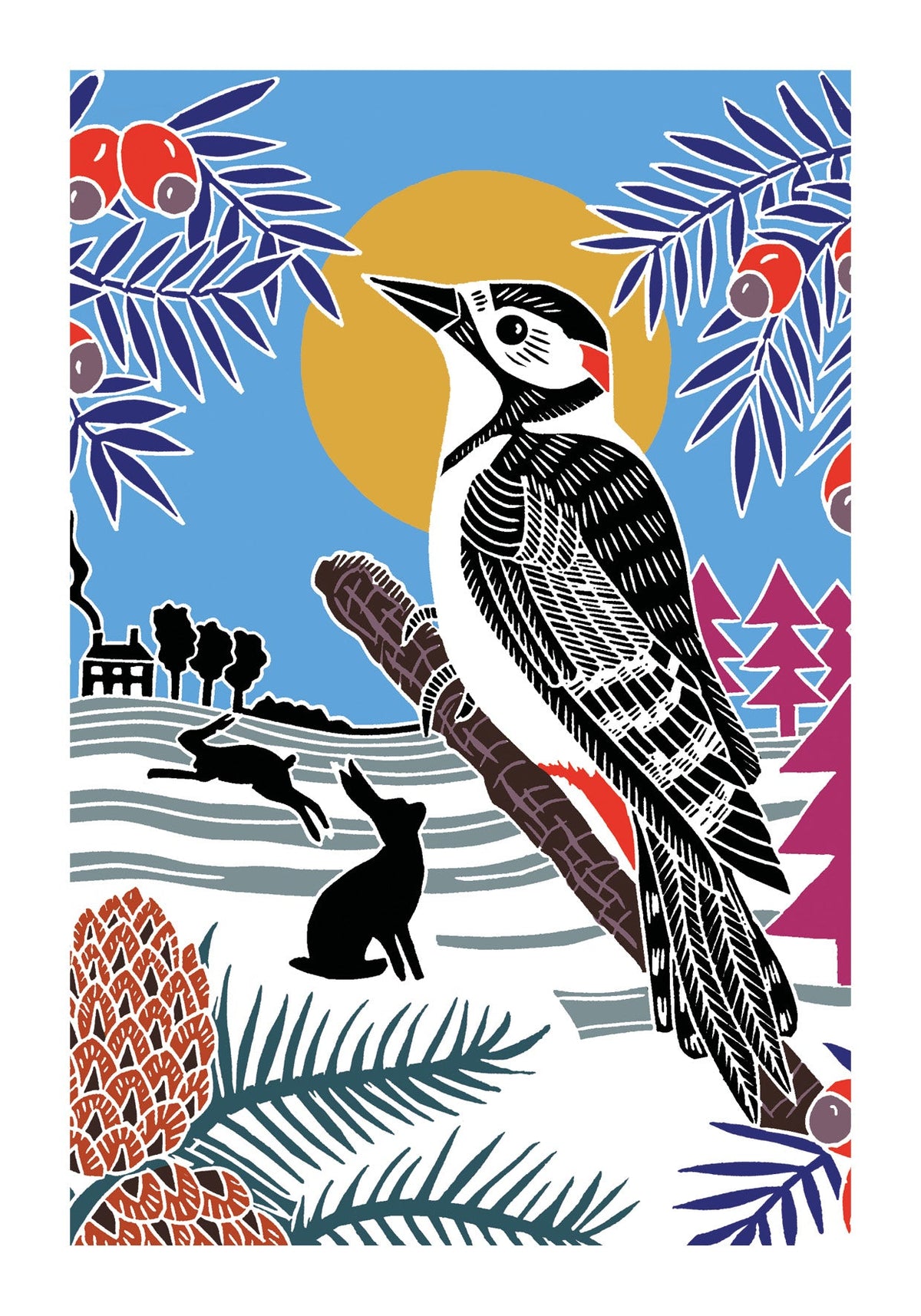 Nature Trail - Thrush and rabbits in a Winter Landscape