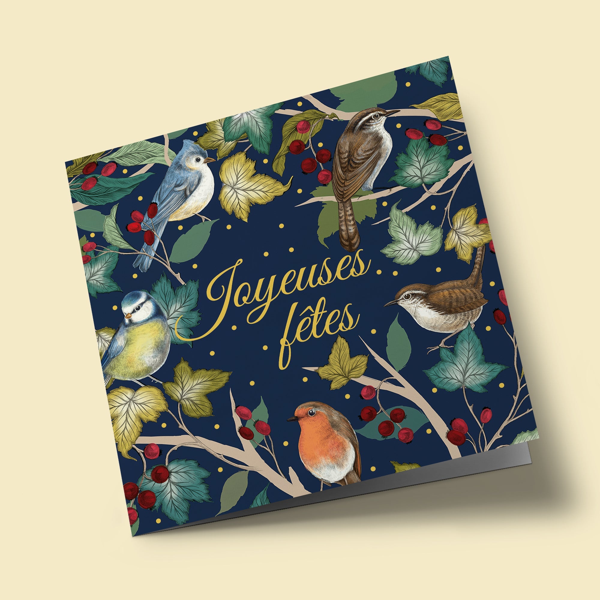 Noël Mix - Oiseaux et branches, sur fond bleu foncé