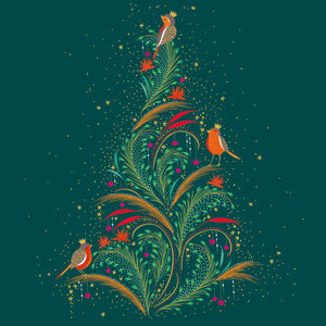 Noël Mix - Sapin de Noël et rouge-gorge, sur fond vert foncé
