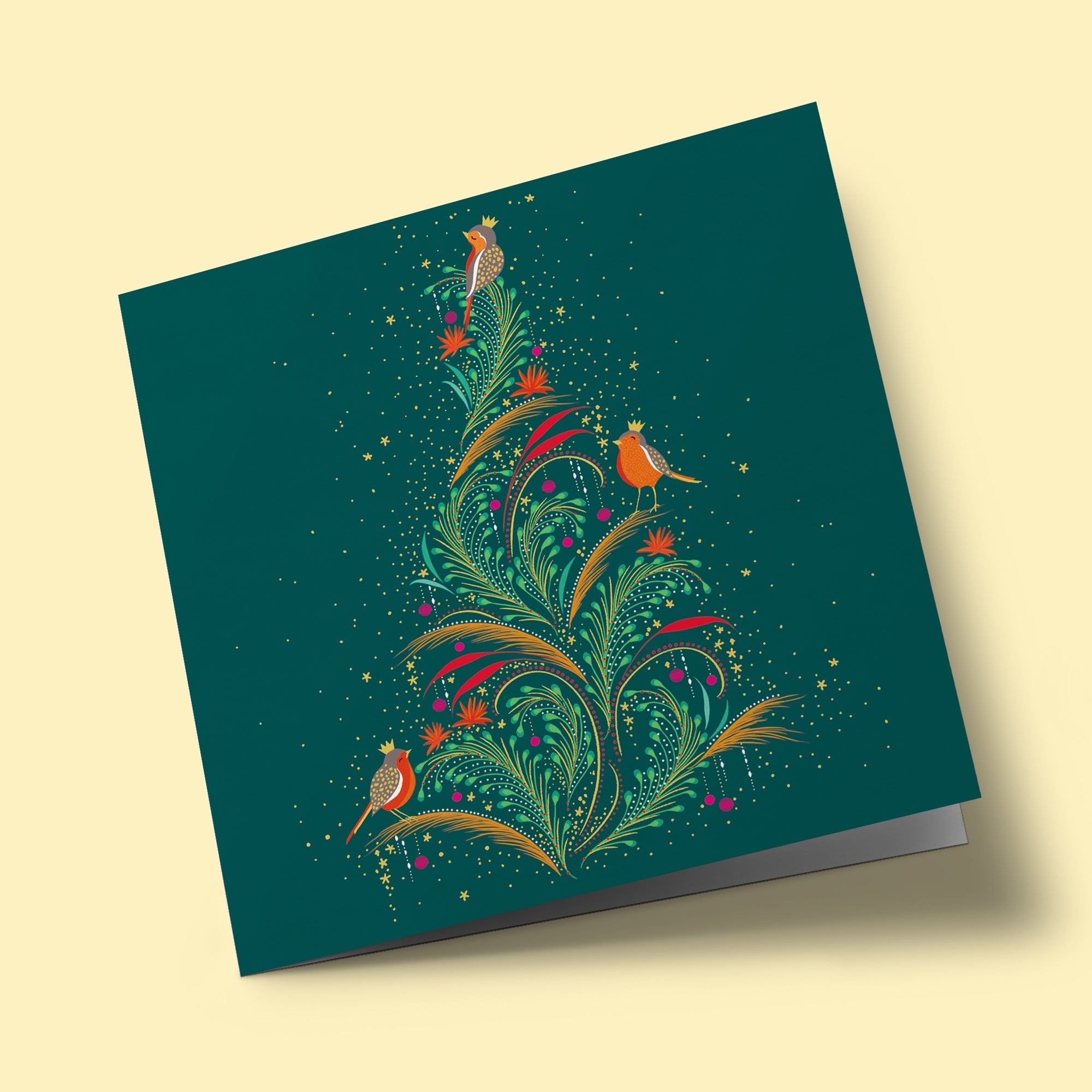 Noël Mix - Sapin de Noël et rouge-gorge, sur fond vert foncé