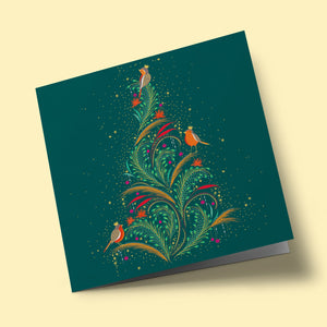 Noël Mix - Sapin de Noël et rouge-gorge, sur fond vert foncé