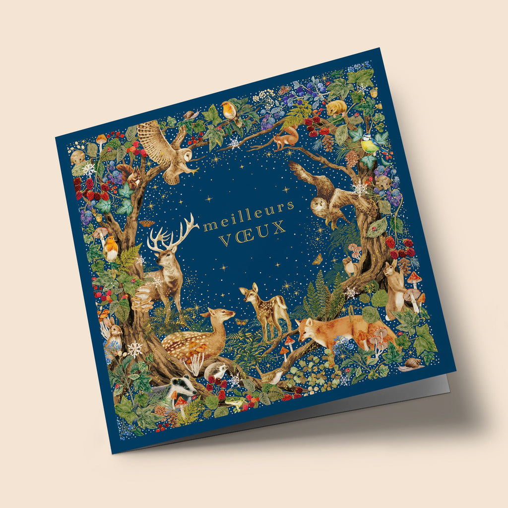 Noël Mix - Animaux de bois, sur fond bleu foncé