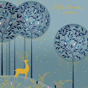 Noël Mix - Cerf et arbres, sur fond bleu clair