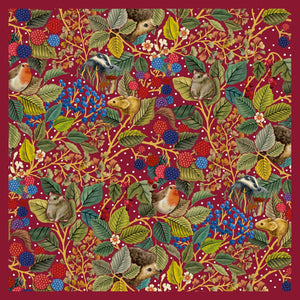 Noël Mix - Oiseaux parmi des branches de fruits, sur fond rouge