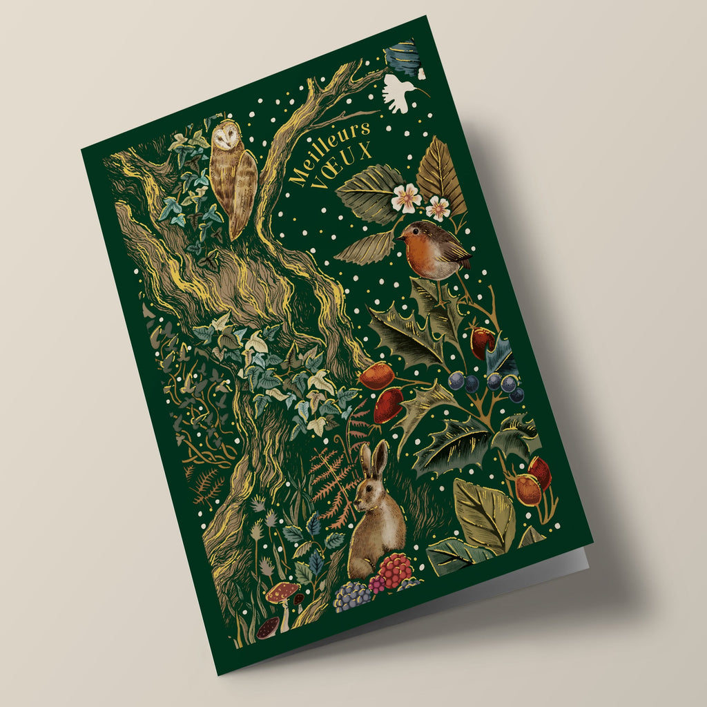 Noël champêtre - Animaux de bois, sur fond vert foncé