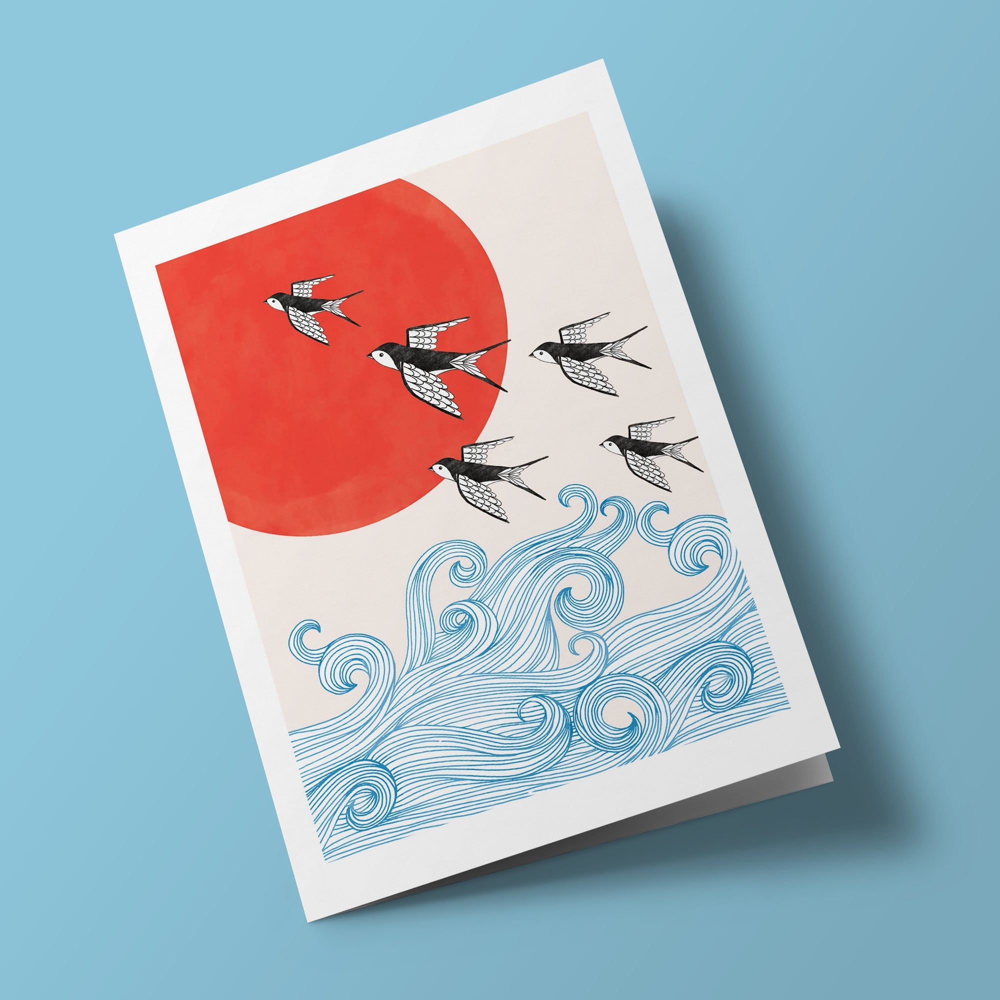 Sakura Heights - Hirondelles volant au-dessus de la mer et lune rouge