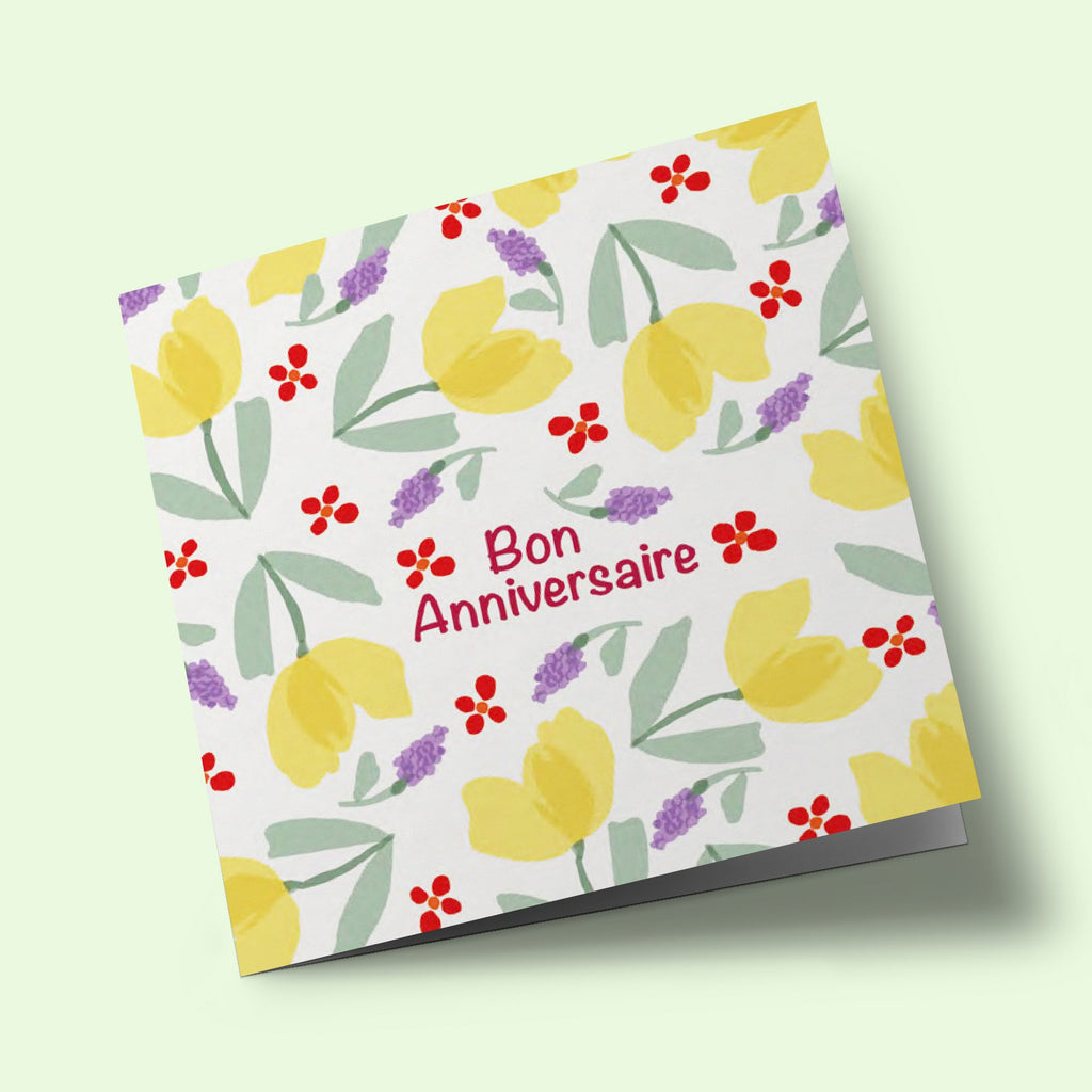 Les petites fleurs - Bon anniversaire - fleurs jaunes, mauves et rouges