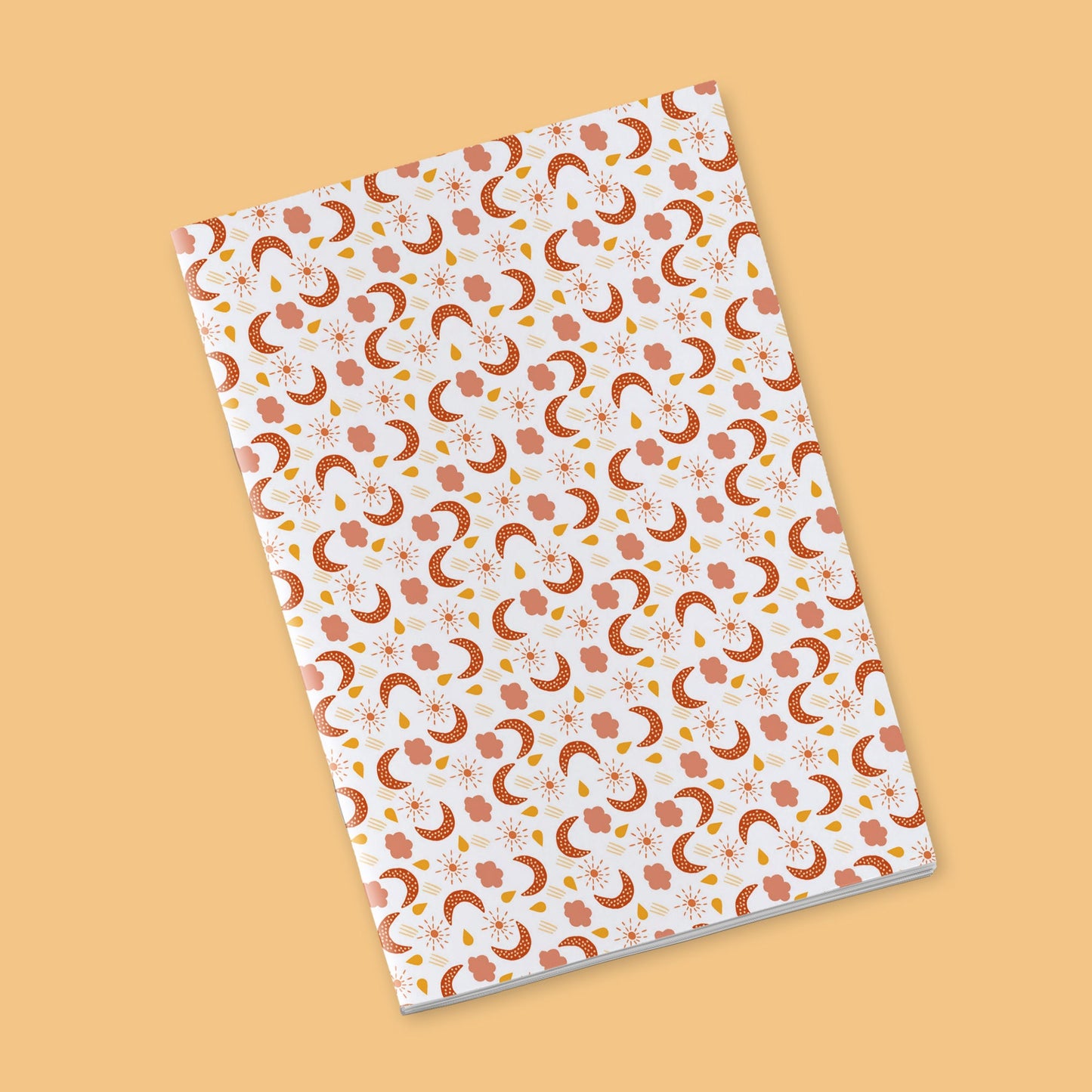 Once upon a time there was autumn - moons, suns, orange clouds on a white background