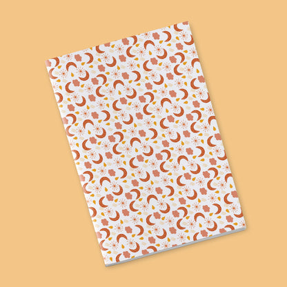 Once upon a time there was autumn - moons, suns, orange clouds on a white background