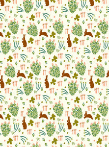 Once upon a time there was autumn - brown rabbits and green bushes on a white background