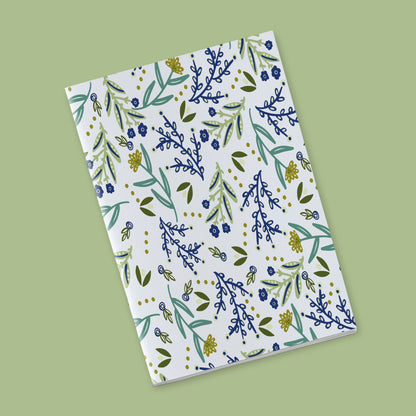 Once upon a time there was autumn - blue and yellow flowers, dark blue stems on a white background