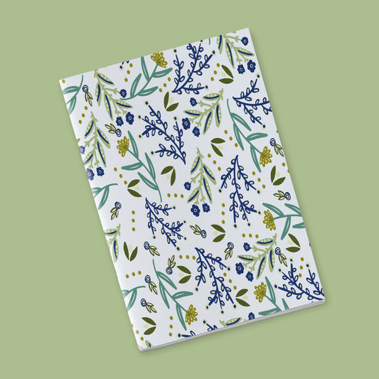 Once upon a time there was autumn - blue and yellow flowers, dark blue stems on a white background