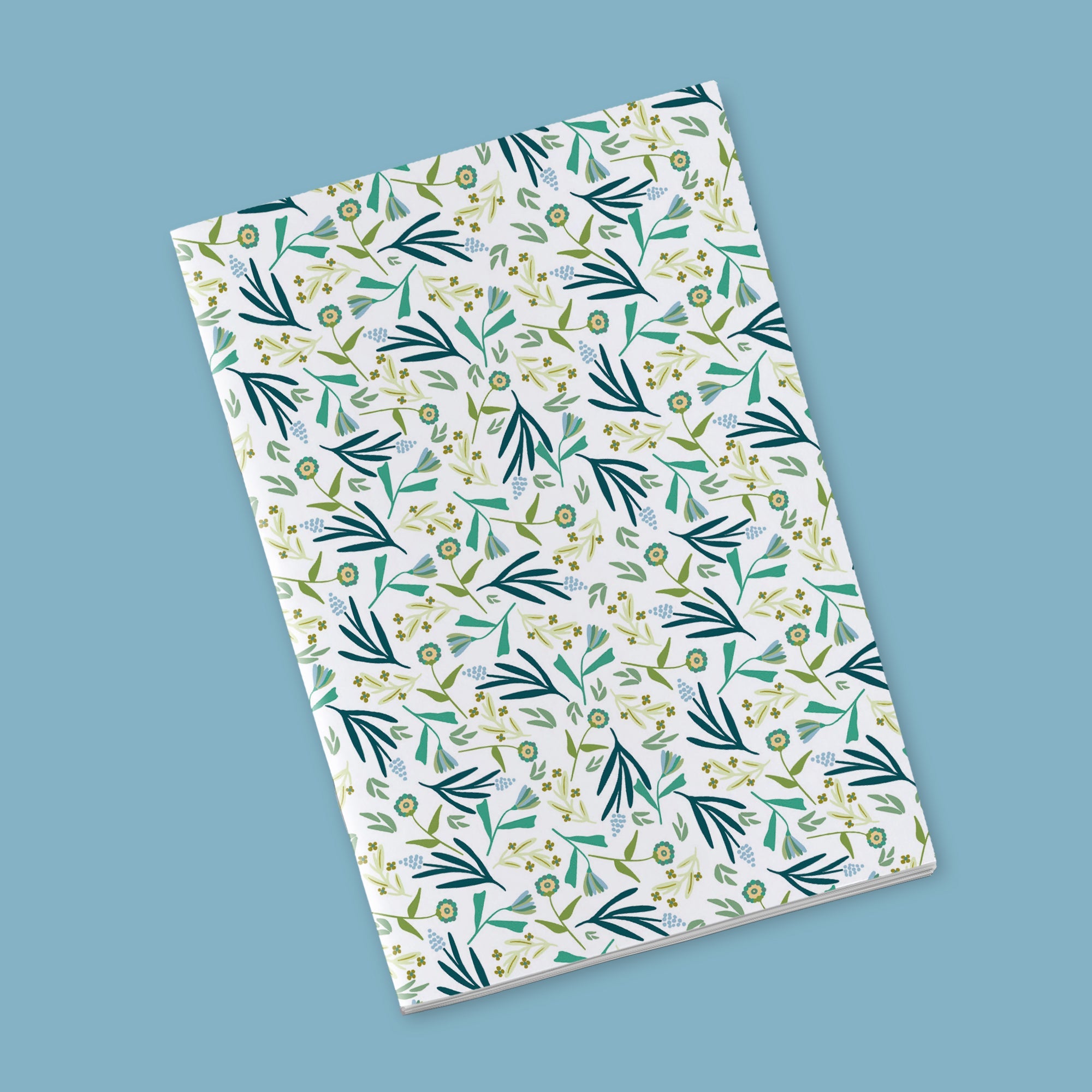 Motif automnale - tiges bleues et fleurs vertes sur fond blanc
